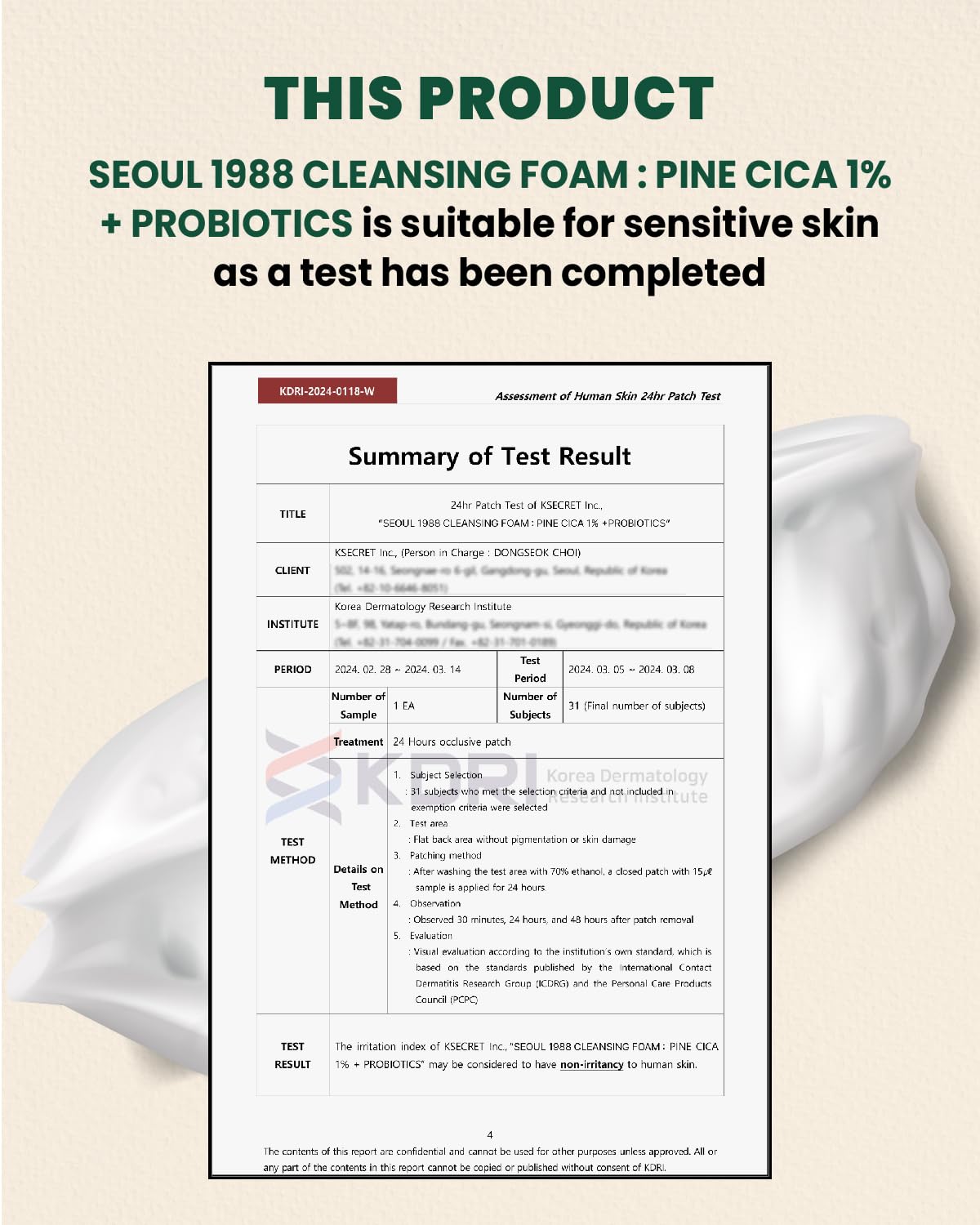 K-Secret  Seoul 1988 Pine Cica 1% + Probiotics Cleansing Foam -150ml