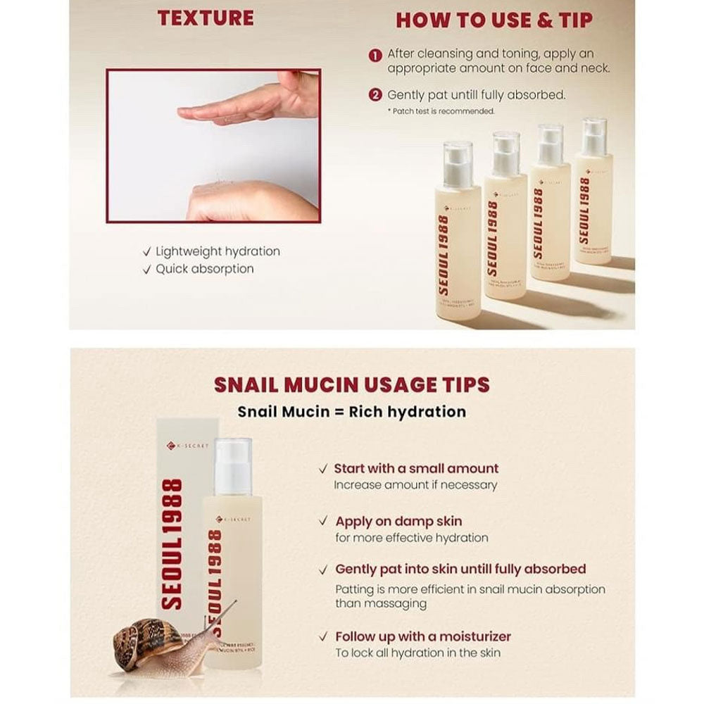 K-SECRET SEOUL 1988 ESSENCE : SNAIL MUCIN 97% + RICE -100ml
